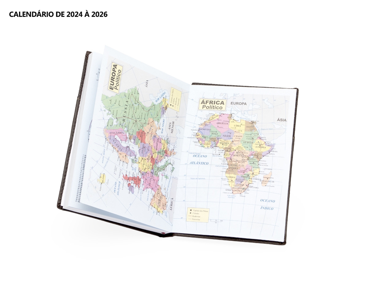 Agenda diária 2025 de couro sintético com porta acessório. Contém fita de cetim marca página, dados pessoais, calendário de 2024 à 2026, mapas, telefone Úteis e planejamento.
