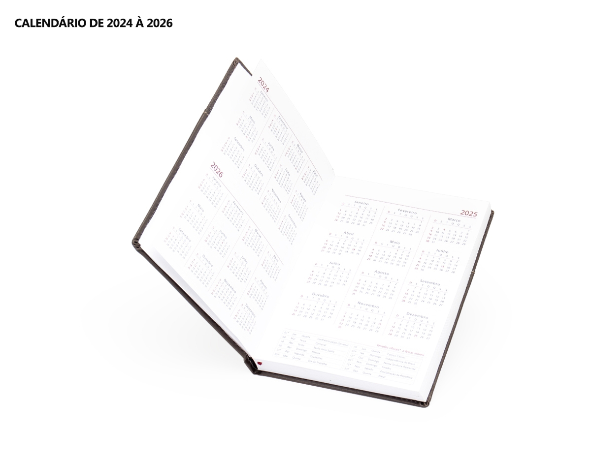 Agenda diária 2025 de couro sintético com porta acessório. Contém fita de cetim marca página, dados pessoais, calendário de 2024 à 2026, mapas, telefone Úteis e planejamento.