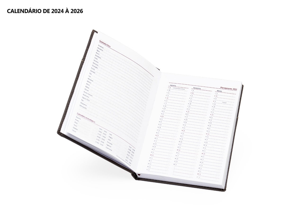 Agenda diária 2025 de couro sintético com porta acessório. Contém fita de cetim marca página, dados pessoais, calendário de 2024 à 2026, mapas, telefone Úteis e planejamento.