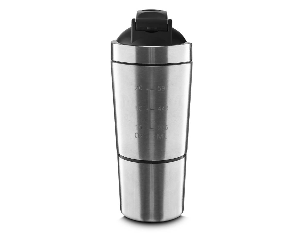 Garrafa coqueteleira térmica para proteínas, com capacidade de 750 ml na garrafa e um copo adicional de 200 ml. Projetada para manter a temperatura das bebidas, é ideal para uso em treinos e no dia a dia. Seu design funcional permite preparar e misturar suplementos de forma prática, garantindo conveniência para quem busca uma alimentação saudável.