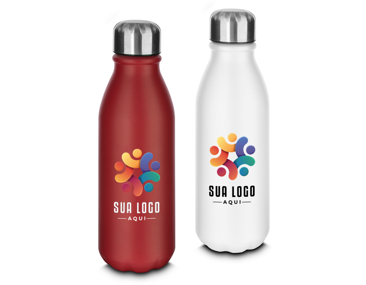 Garrafa de alumínio com tampa em inox, com capacidade de 550 ml e acabamento em pintura fosca. O design inclui uma etiqueta em papel kraft com a descrição do produto, além de um símbolo de reciclável na parte traseira, reforçando seu compromisso com a sustentabilidade. Ideal para quem busca praticidade e estilo em suas hidratações diárias.