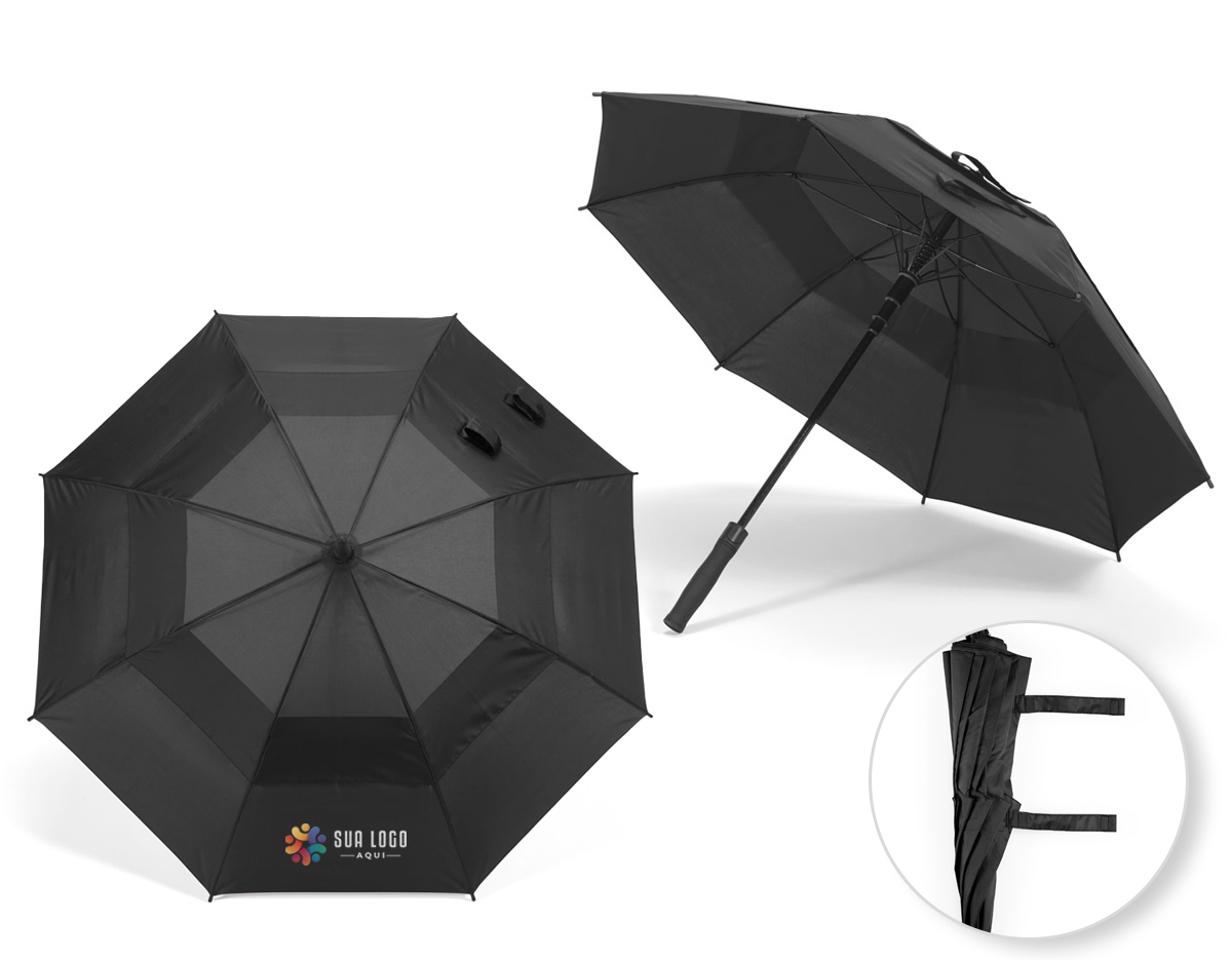 Guarda-chuva em 100% poliéster reciclado 190T (100% rPET), com varetas em fibra de vidro e pega em ABS reciclado. Guarda-chuva com abertura automática e à prova de vento. Fornecido em bolsa de poliéster reciclado. ø1055 x 840 mm