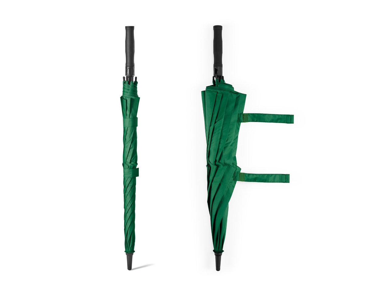 Guarda-chuva em 100% poliéster reciclado 190T (100% rPET), com varetas em fibra de vidro e pega em ABS reciclado. Guarda-chuva com abertura automática e à prova de vento. Fornecido em bolsa de poliéster reciclado. ø1055 x 840 mm