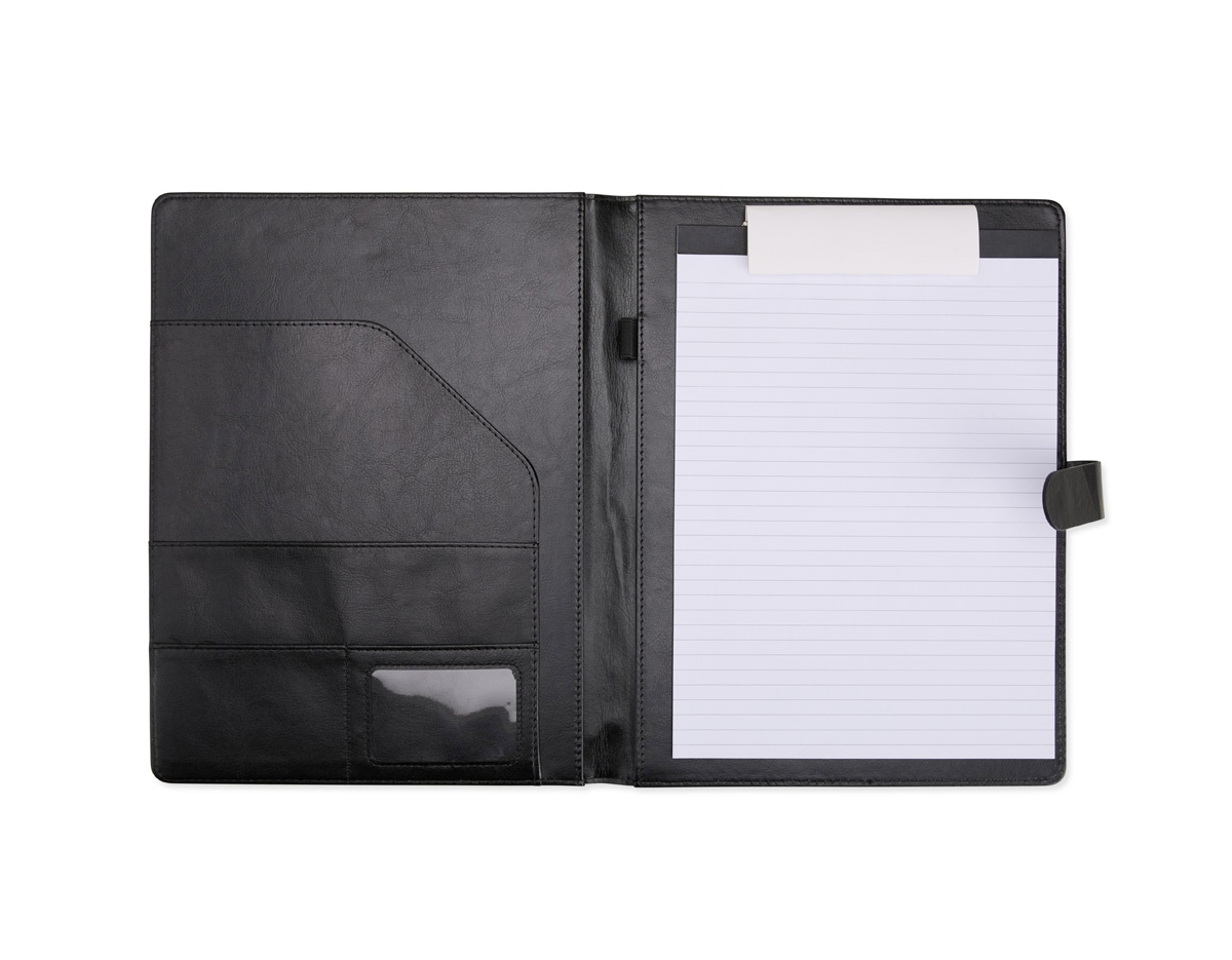 Organização impecável com estilo profissional. Nossa pasta executiva, feita em couro sintético de alta qualidade, acompanha um bloco de aproximadamente 20 folhas pautadas removíveis para anotações, suporte para caneta, bolsos para organizar folhas ou documentos, suporte para cartões, incluindo um com visor de identificação. Além disso, possui fechamento magnético, unindo praticidade e elegância em um único produto.