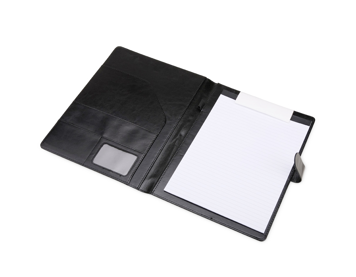Organização impecável com estilo profissional. Nossa pasta executiva, feita em couro sintético de alta qualidade, acompanha um bloco de aproximadamente 20 folhas pautadas removíveis para anotações, suporte para caneta, bolsos para organizar folhas ou documentos, suporte para cartões, incluindo um com visor de identificação. Além disso, possui fechamento magnético, unindo praticidade e elegância em um único produto.