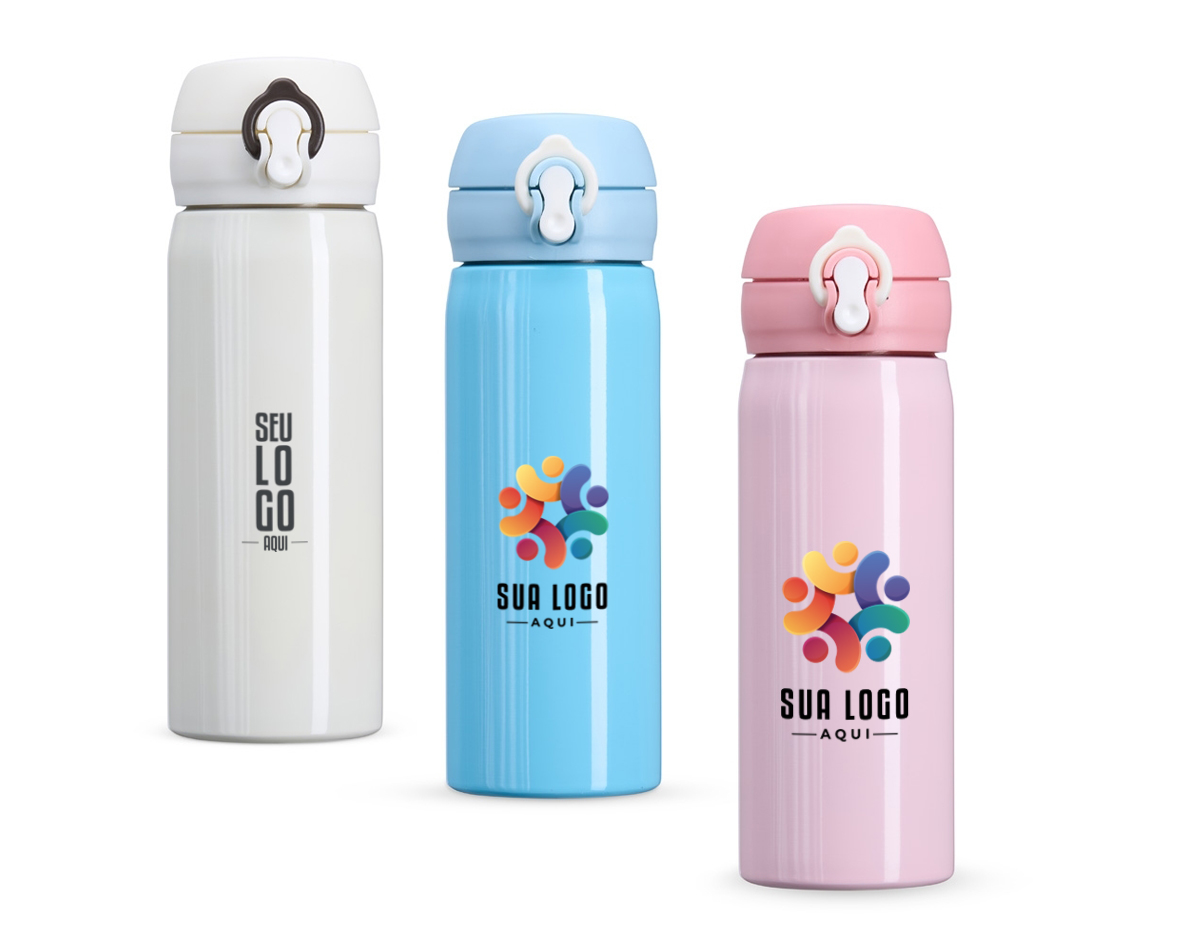Garrafa 500ml em inox com botão e válvula para abertura. Possui um sistema de trava (basta mover para cima/baixo para abrir/fechar) pressione o botão central para abrir a tampa.