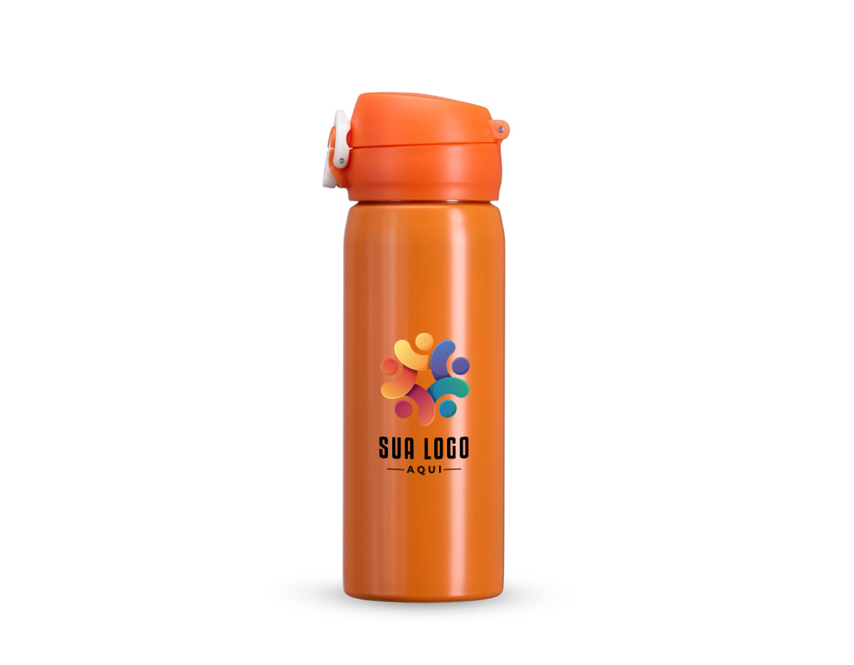 Garrafa 500ml em inox com botão e válvula para abertura. Possui um sistema de trava (basta mover para cima/baixo para abrir/fechar) pressione o botão central para abrir a tampa.