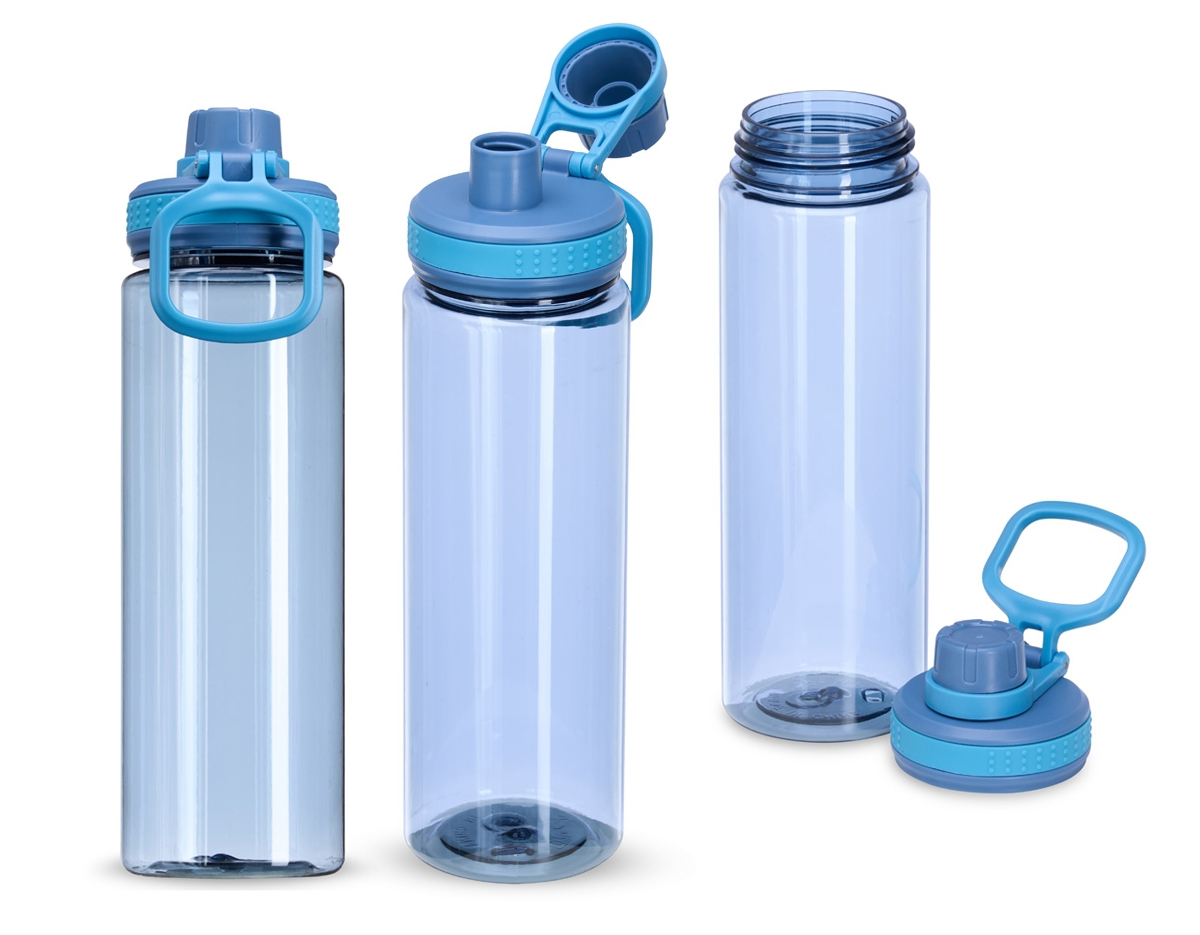 Garrafa plástica de 750 ml, projetada para uso prático e diário. Conta com tampa rosqueável e bocal, assegurando um fechamento seguro. Inclui uma tampa protetora para evitar contaminações e uma alça que facilita o transporte. Ideal para levar em atividades ao ar livre, academia ou no dia a dia, combinando funcionalidade e conveniência.