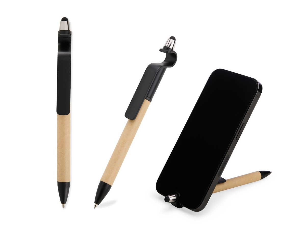 Caneta de papelão com detalhes plásticos, contém suporte para celular e touch screen. Carga esferográfica azul e acionamento por rotação.