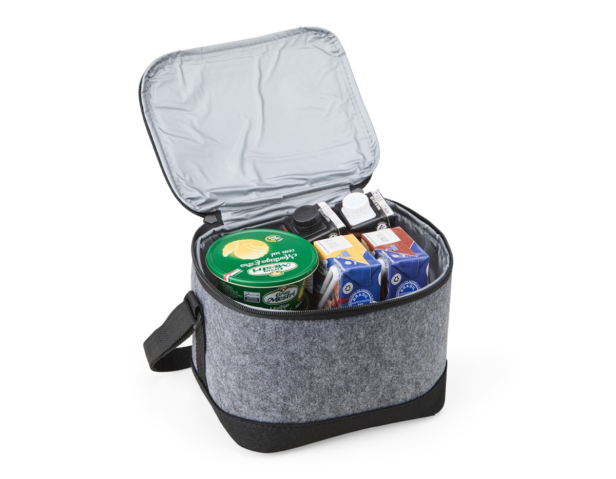 A bolsa térmica é confeccionada em tecido feltro, oferecendo uma capacidade de 6 litros. Seu revestimento térmico mantém a temperatura dos alimentos e bebidas, tornando-a ideal para piqueniques ou passeios. Acompanha uma alça transversal, que proporciona conforto e praticidade no transporte, permitindo o uso em diferentes ocasiões.