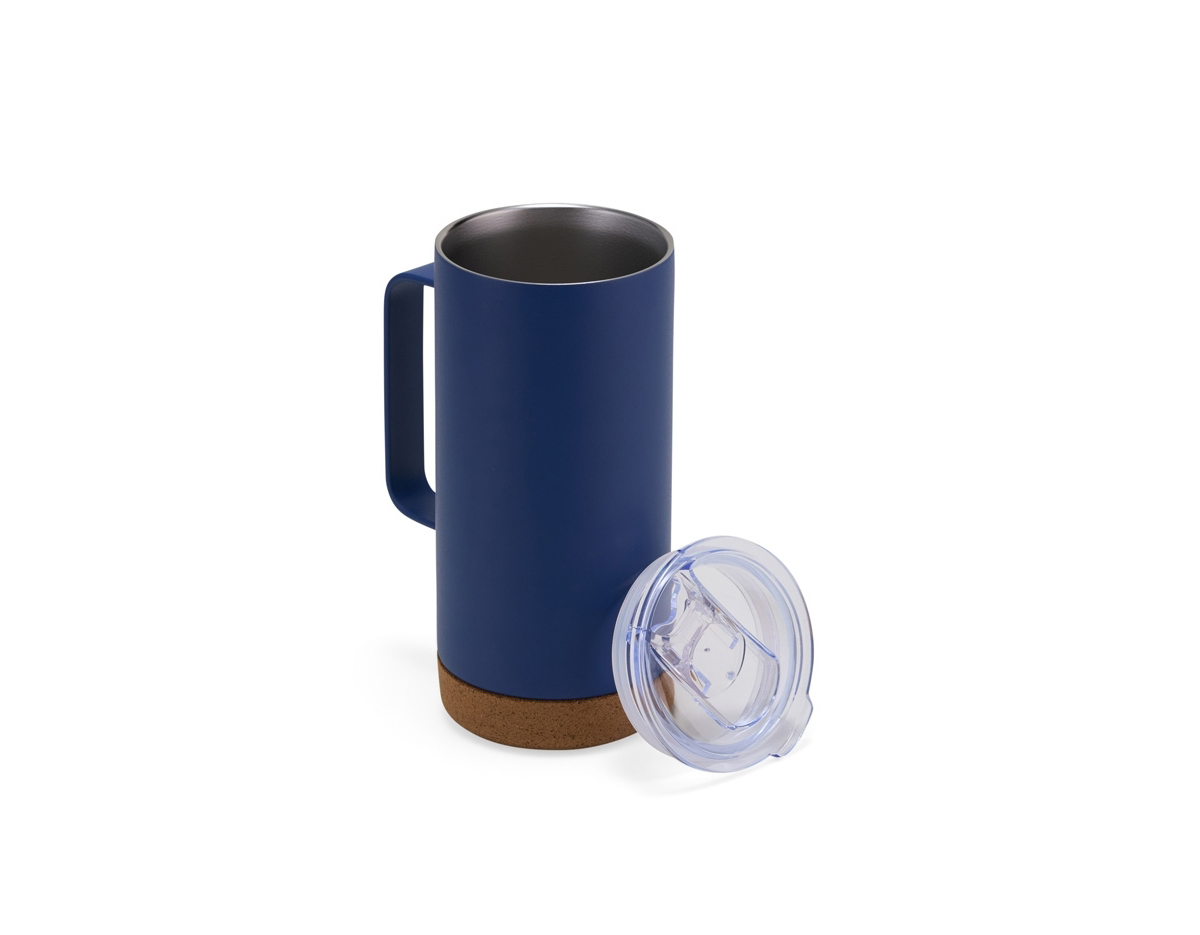 Caneca Térmica de 500ml feita em inox com fundo de cortiça, tampa com bocal e trava de segurança. Um item que alia a elegância da cortiça com o inox.