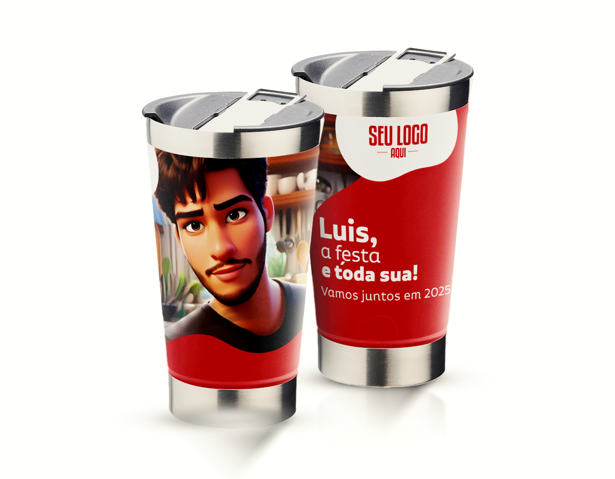 Copo Térmico Personalizado inox 500ml ToonStyle   Apresentamos o ToonStyle Copo Personalizado, um copo térmico em inox de 500ml com tampa e abridor, livre de BPA. Leve a personalização a um novo nível com ilustrações exclusivas que transformam cada pessoa em um personagem de animação. Nossa tecnologia avançada captura as características de cada indivíduo, reproduzindo-as com a qualidade das grandes animações do cinema.  Ideal para presentear colaboradores, amigos ou familiares em eventos corporativos, comemorações e festas de fim de ano. Personalize cada copo com seu logotipo, escolha as cores que melhor representam sua marca, inclua mensagens especiais e o nome de cada pessoa. Cada unidade é única, garantindo um presente memorável que combina funcionalidade e criatividade.  Surpreenda a todos com o ToonStyle™ Copo Personalizado e torne suas celebrações ainda mais especiais.