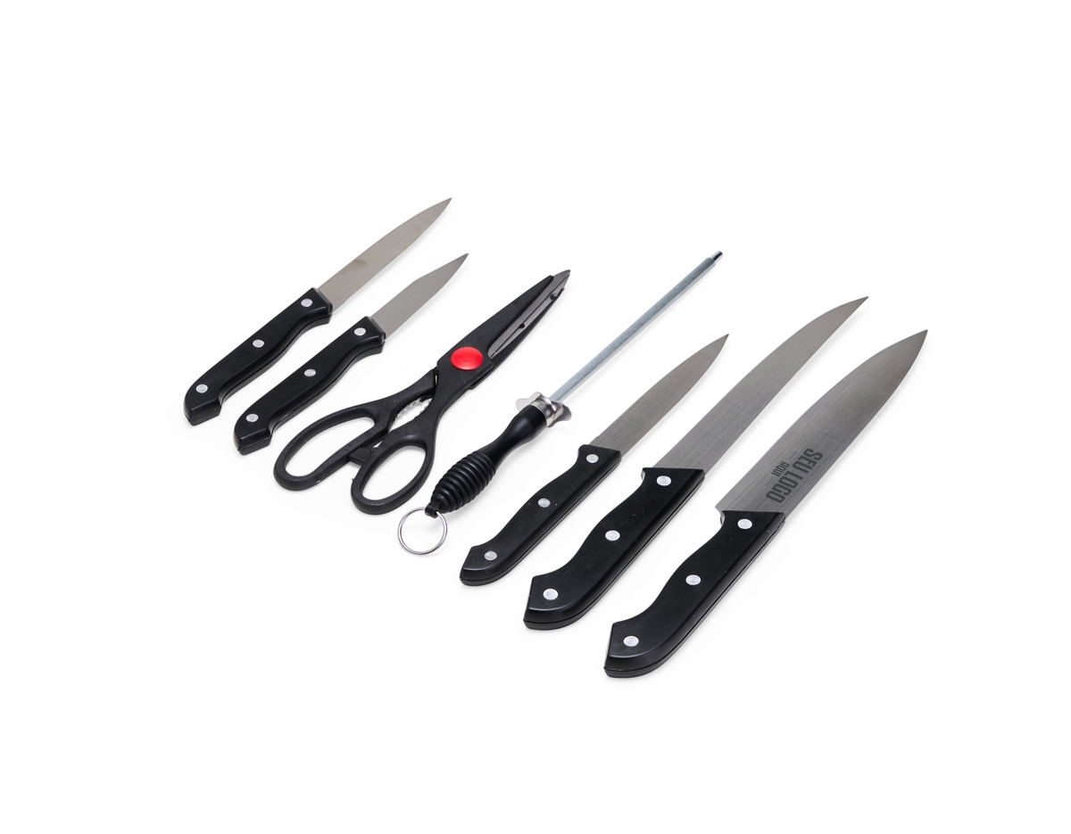 O churrasco vai ficar ainda melhor com o nosso kit de 7 peças em inox, incluso: uma faca de chef de 7 polegadas; uma faca de desossa de 7 polegadas; uma faca para fatiar de 4,5 polegadas, uma faca de descascar de 4,5 polegadas, uma faca de legumes de 3 polegadas; uma chaira, essencial para manter as facas sempre afiadas; e uma tesoura multiuso para cortar alimentos, legumes, verduras e carnes, todas as peças possuem cabo plástico. Além disso, a tesoura possui pequenos dentes entre os cabos que funcionam como um quebra-nozes. O kit também acompanha uma plaquinha de metal, permitindo a personalização para dar um toque único ao estojo e ainda mais estilo quando for preparar aquele churrasco de respeito.
