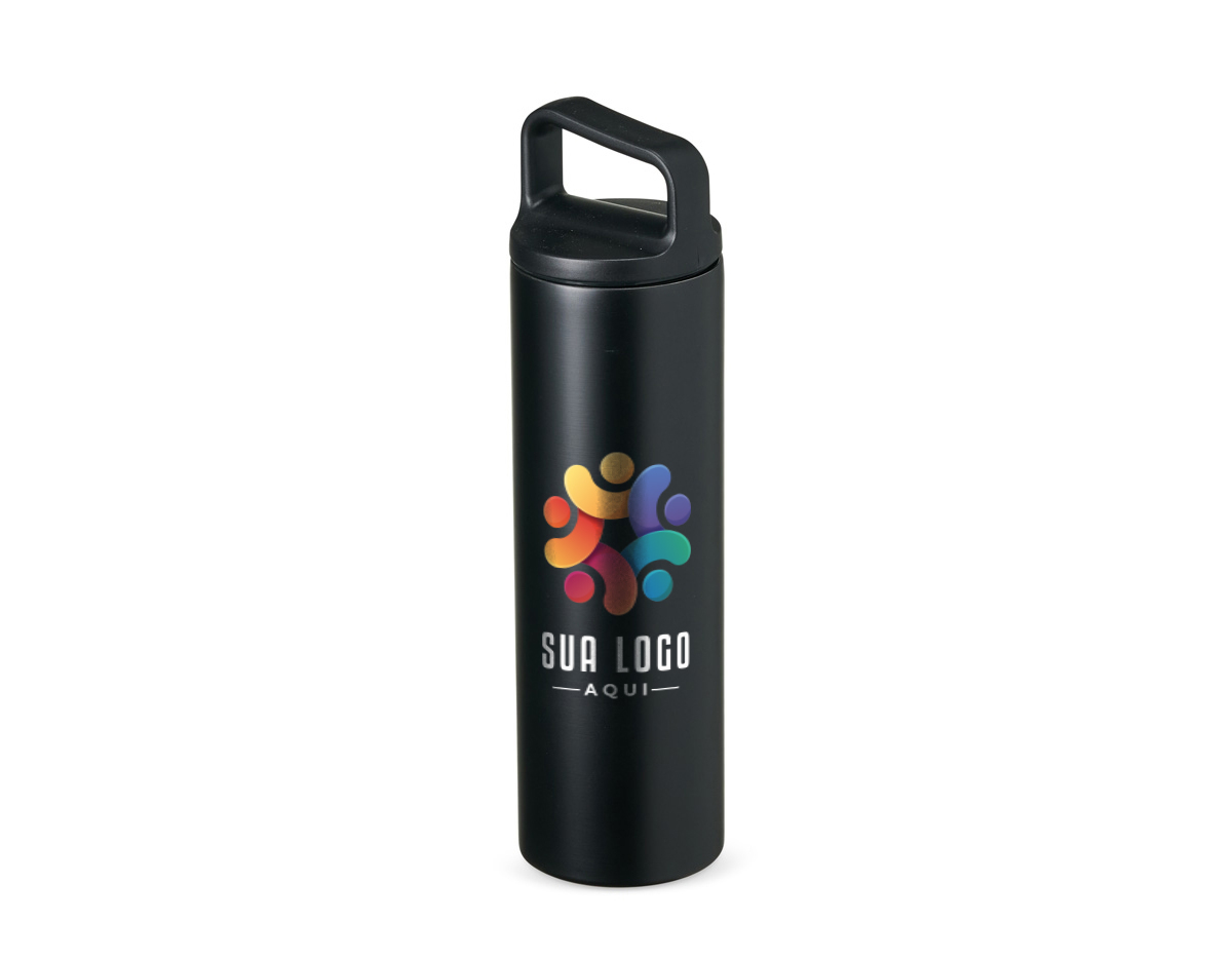 A garrafa térmica em inox possui parede dupla e capacidade de 600 ml, ideal para manter suas bebidas quentes ou frias por mais tempo. A tampa, feita de plástico e com rosca, garante vedação segura, enquanto a alça acoplada facilita o transporte. Um produto prático e funcional para o dia a dia.