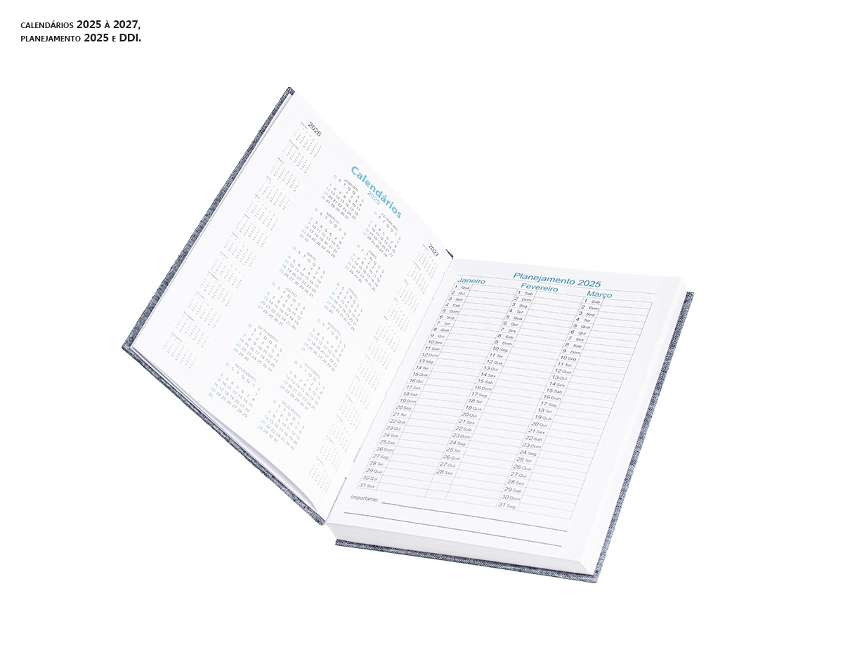 Planeje seu dia a dia com a nossa agenda diária 2025 de linho. Organizar-se ficou ainda mais fácil! Contém folhas para dados pessoais, calendários 2025 à 2027, planejamento 2025 e DDI.