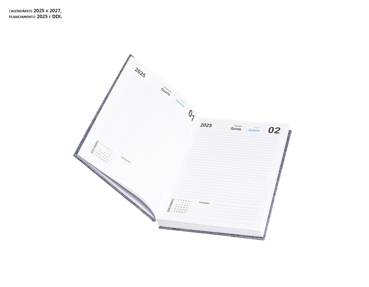 Planeje seu dia a dia com a nossa agenda diária 2025 de linho. Organizar-se ficou ainda mais fácil! Contém folhas para dados pessoais, calendários 2025 à 2027, planejamento 2025 e DDI.