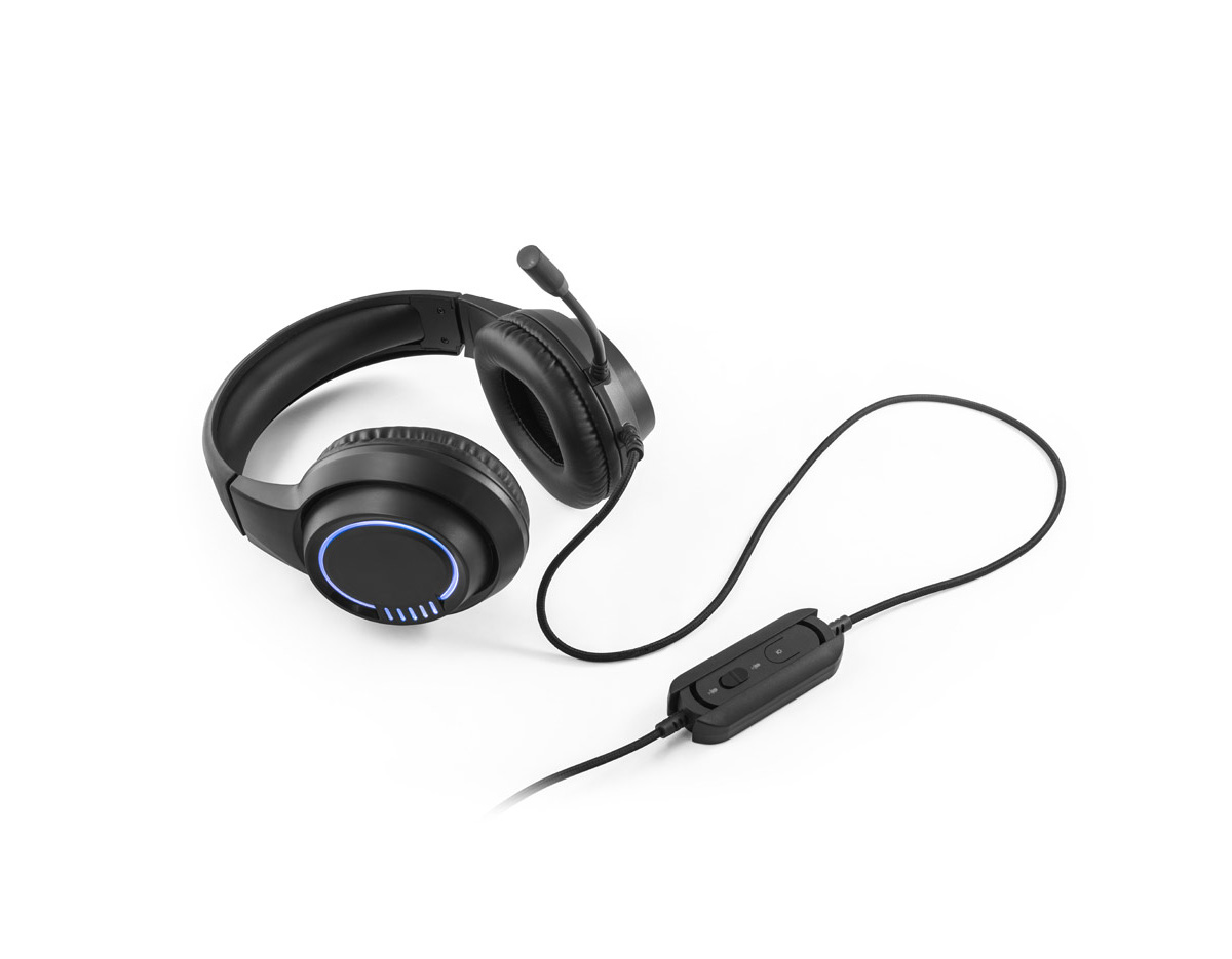 Fones de ouvido para jogos com microfone de alta qualidade incorporado com luzes RGB com um modo. Pensados para uso prolongado, são resistentes, confortáveis e contêm cabo de 2 m com controlador de volume. Incluso cabo jack de 3.5 mm com entrada USB-A. Os fones de ouvido quando utilizados com este cabo proporcionam uma qualidade superior no áudio. Fornecido em caixa presente. 20 x 19 x 10 mm |Caixa: 191 x 215 x 115 mm