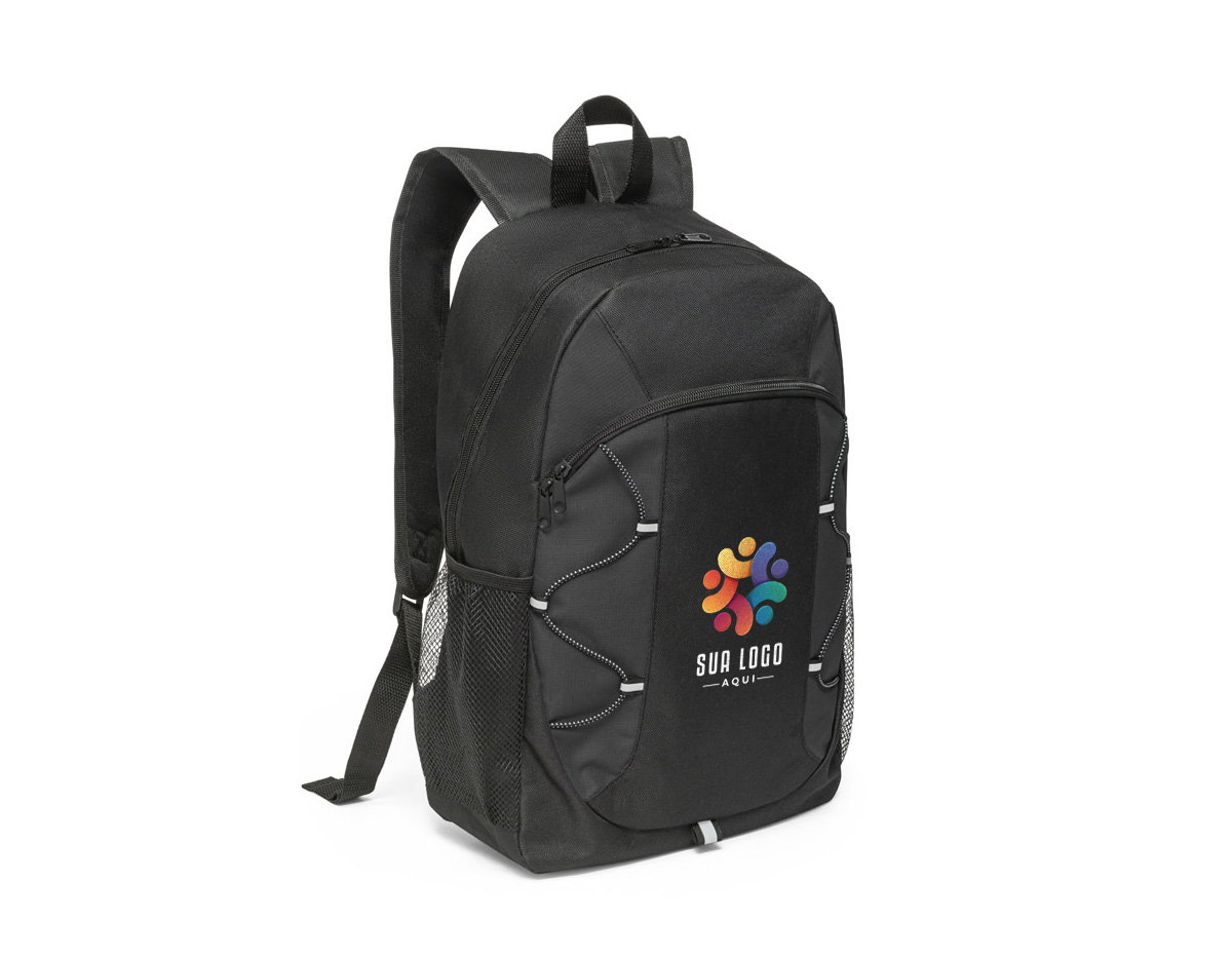 Mochila em 600D com detalhes em ripstop colorido. Bolso principal com zíper e bolsos laterais em tela mesh. Parte posterior e alças almofadadas. Contém diversos elementos refletores. Capacidade 16 L. 290 x 440 x 120 mm