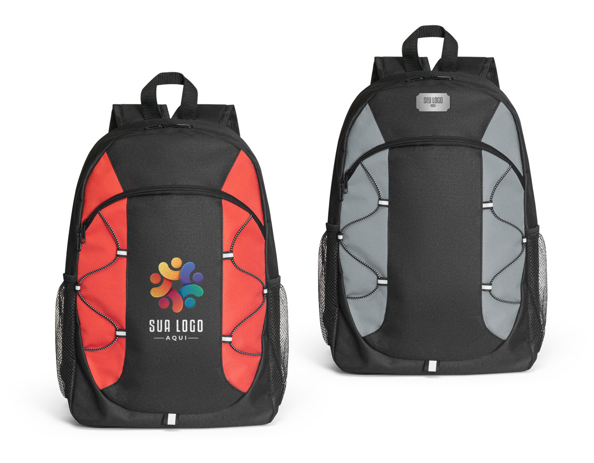 Mochila em 600D com detalhes em ripstop colorido. Bolso principal com zíper e bolsos laterais em tela mesh. Parte posterior e alças almofadadas. Contém diversos elementos refletores. Capacidade 16 L. 290 x 440 x 120 mm