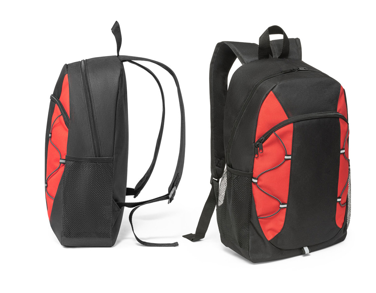 Mochila em 600D com detalhes em ripstop colorido. Bolso principal com zíper e bolsos laterais em tela mesh. Parte posterior e alças almofadadas. Contém diversos elementos refletores. Capacidade 16 L. 290 x 440 x 120 mm
