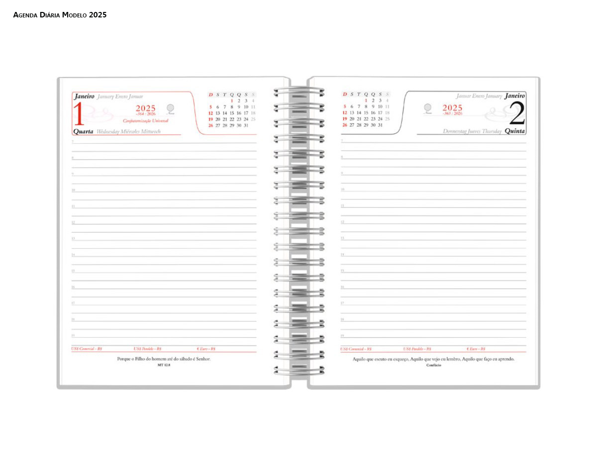 Agenda Diária Modelo 2025, ideal para organização pessoal e profissional. Contém páginas datadas para planejamento diário, com espaço para anotações, compromissos e tarefas. Capa resistente, acabamento elegante e tamanho compacto, fácil de transportar. Ferramenta prática para gerenciar rotina e manter o foco.