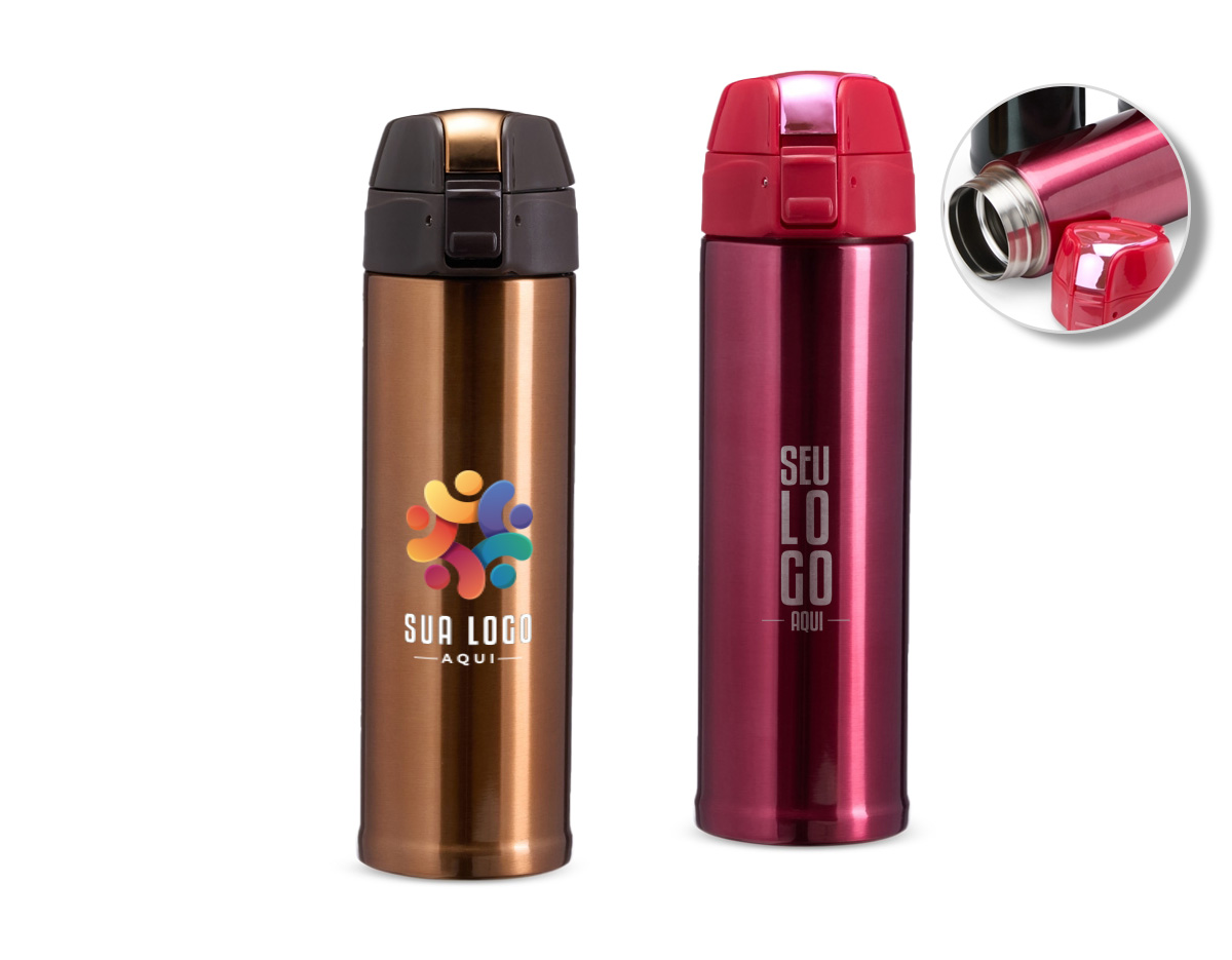 Para quem busca praticidade e desempenho em um só produto, a nossa garrafa térmica de 480ml é a escolha perfeita! Com tampa de trava segura e anel de silicone antivazamento, você pode carregá-la tranquilamente na bolsa ou mochila, sem se preocupar com vazamentos. O bocal foi projetado para uma experiência de consumo confortável, enquanto a vedação interna na tampa mantém as bebidas na temperatura ideal por muito mais tempo, seja quente ou fria. Compacta e eficiente, é a companheira ideal para acompanhar você em todos os momentos do dia!