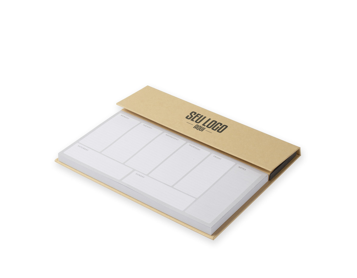 Bloco de anotações em papel Kraft, contendo:  Bloco de Planejamento Semanal com 100 folhas; 6 Sticky notes coloridos; 1 Caneta de Papelão; Acompanha clipes coloridos.