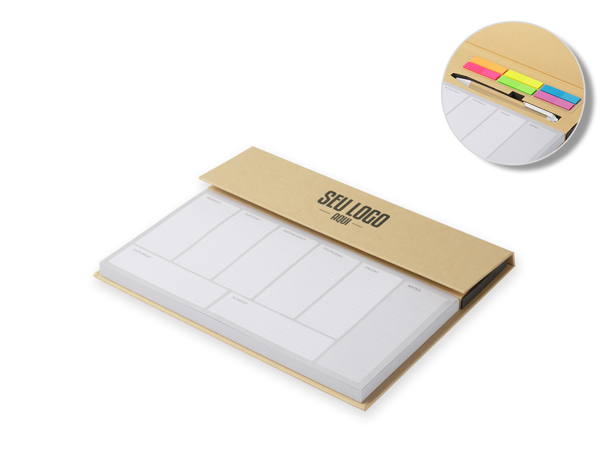 Bloco de anotações em papel Kraft, contendo:  Bloco de Planejamento Semanal com 100 folhas; 6 Sticky notes coloridos; 1 Caneta de Papelão; Acompanha clipes coloridos.