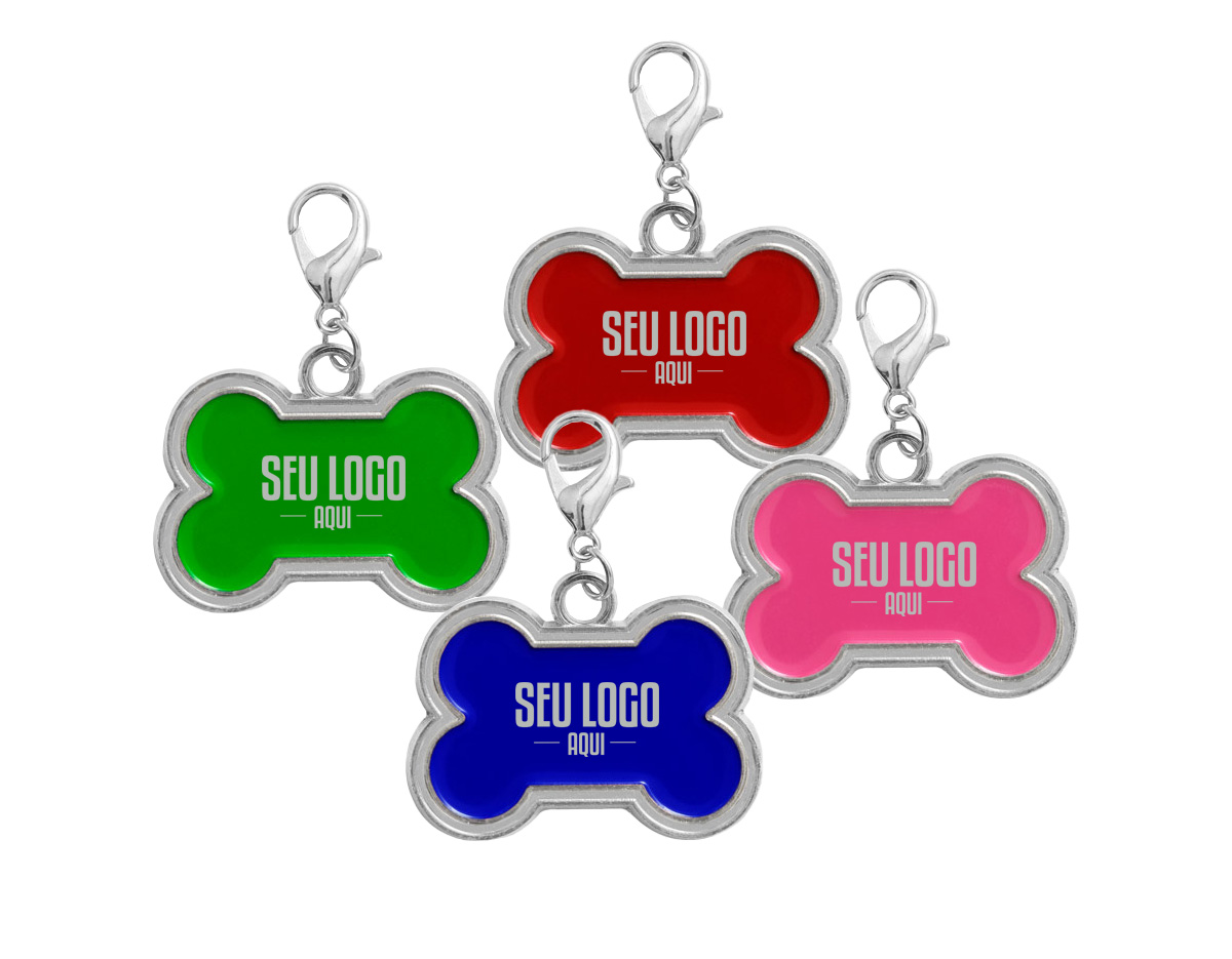 Chaveiro em formato de osso, com medidas de 32 x 22 x 2 mm. É ideal para identificar animais de estimação, oferecendo um acessório prático e funcional para personalização e fácil reconhecimento.