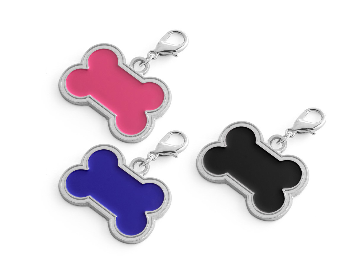 Chaveiro em formato de osso, com medidas de 32 x 22 x 2 mm. É ideal para identificar animais de estimação, oferecendo um acessório prático e funcional para personalização e fácil reconhecimento.