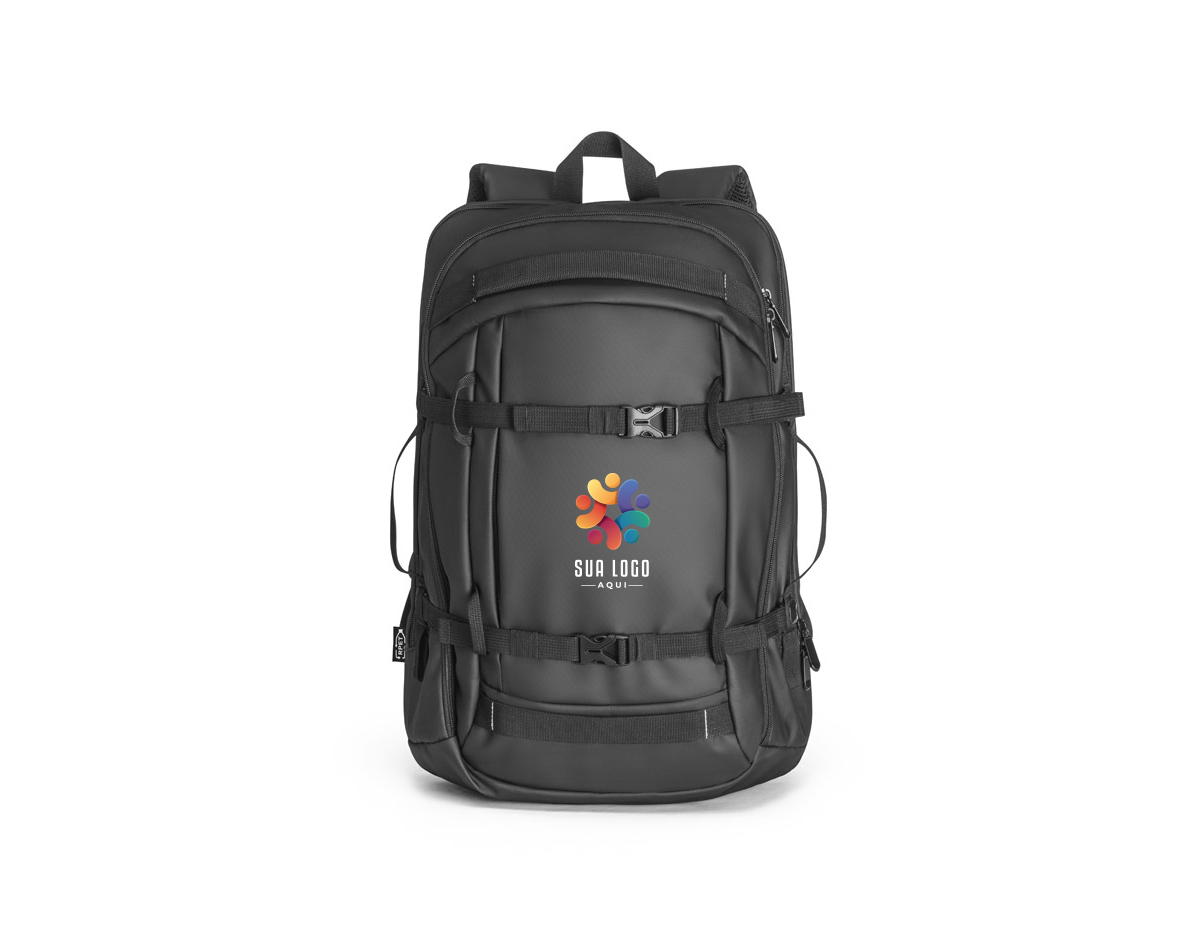 Mochila para notebook em 900D, poliéster reciclado (100% rPET), de alta densidade, com revestimento resistente à água e forro em 210D poliéster reciclado (100% rPET). Possui 1 compartimento traseiro com divisória almofadada para notebook até 17.3" e um bolso frontal com zíper. Parte posterior com acolchoamento extra. Contém cintas de compressão removíveis na parte frontal da mochila e detalhes refletores nas pegas e alças. Capacidade até 21 L 340 x 490 x 140 mm