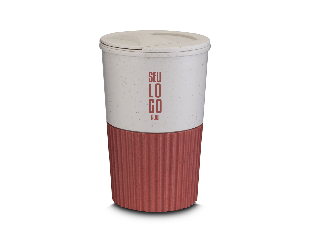 Copo plástico com parede dupla, fabricado com uma combinação de fibra de trigo e plástico. Possui capacidade de 400ml e tampa rosqueável, garantindo maior praticidade e conservação da bebida. Design sustentável e funcional.