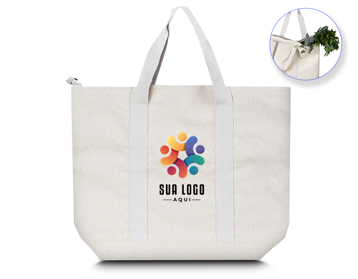Sacola confeccionada em algodão cru de 450g/m², garantindo alta resistência e durabilidade. Possui alça reforçada para transporte, sendo ideal para carregar objetos pesados com praticidade e segurança.