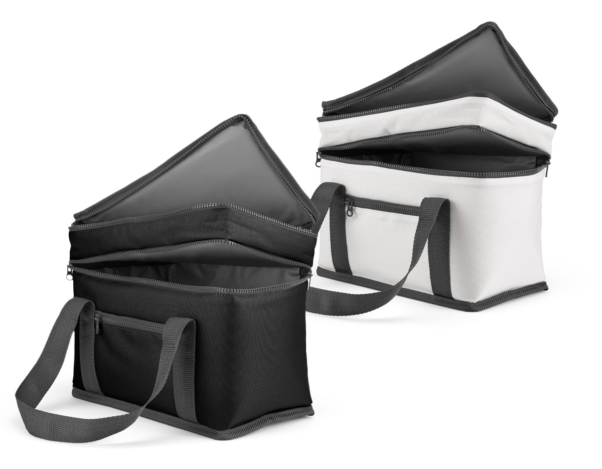 Bolsa térmica feita em 600D poliéster reciclado (100% rPET), com dois compartimentos principais isolados em PEVA, que facilitam a higienização. Possui um bolso frontal com zíper e capacidade de até 10 L, ideal para manter alimentos e bebidas na temperatura adequada.