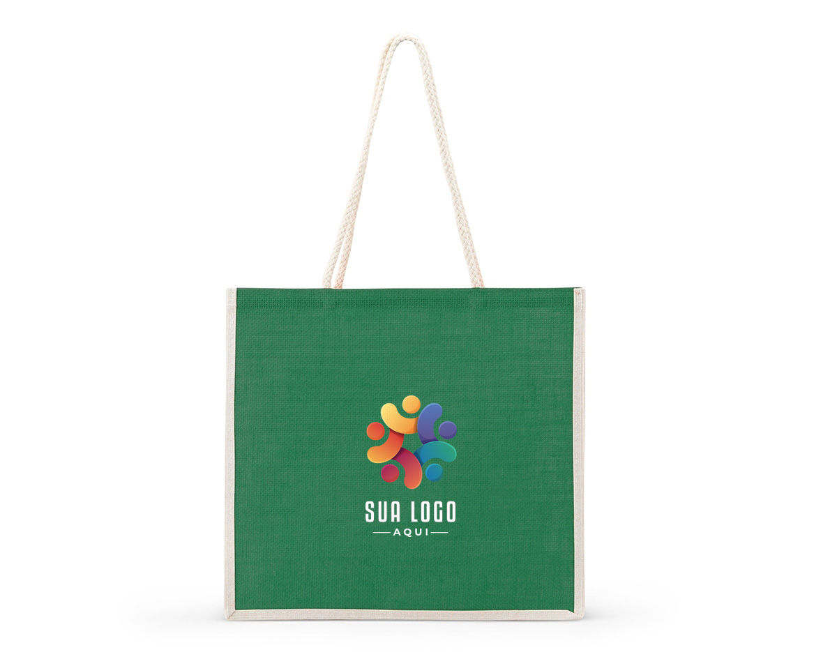 Sacola ecológica de juta, resistente e sustentável, com alças costuradas internamente para maior durabilidade. Ideal para compras e uso diário.