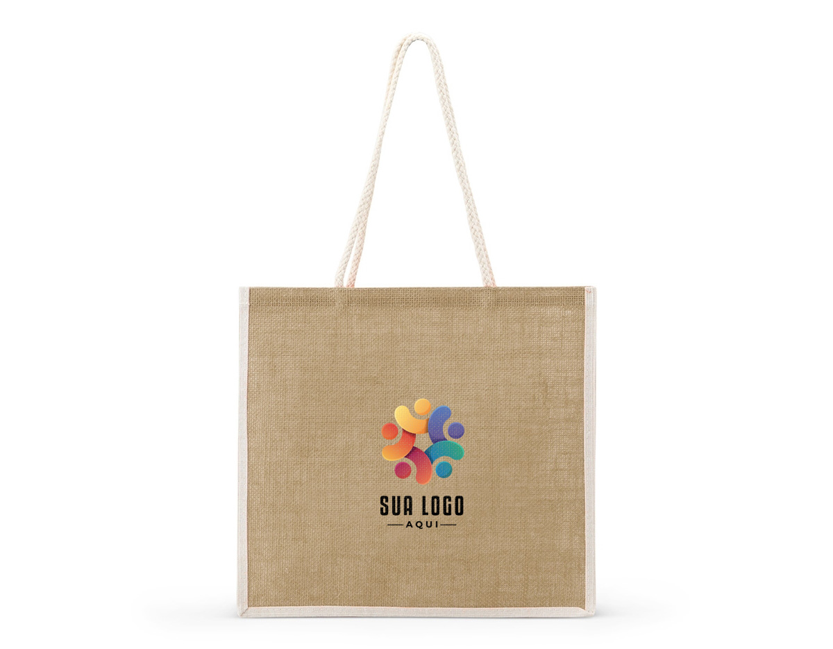 Sacola ecológica de juta, resistente e sustentável, com alças costuradas internamente para maior durabilidade. Ideal para compras e uso diário.