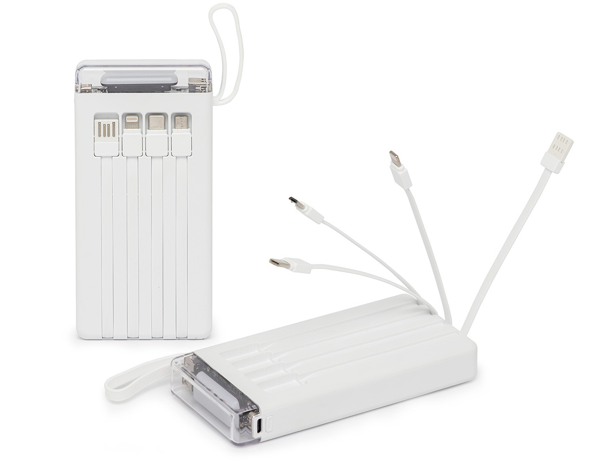 Carregador power bank de 10.000mAh com lanterna e múltiplas saídas. Produzido em plástico, este power bank possui indicadores de bateria e vem equipado com quatro cabos de carregamento, eliminando a necessidade de transportar cabos extras. Compatível com entradas V8, Tipo-C, Lightning e USB, praticidade é o sinônimo deste carregador. Com alça de borracha e um tamanho compacto para um transporte discreto, ele possui uma capacidade real de 6.000mAh para manter os dispositivos sempre carregados. Acompanha cabo USB-V8.