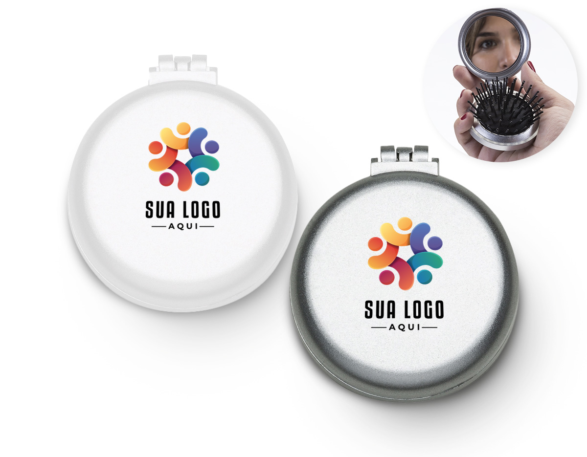 Espelho com escova de cabelo em plástico resistente.