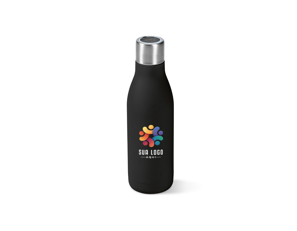 Garrafa em aço inox (90% reciclado) de parede dupla térmica, isolada a vácuo. Garrafa com sistema de auto-sanitização UV que inativa vírus e bactérias que estejam na sua garrafa, tornando a sua bebida mais segura. Capacidade até 500 mL