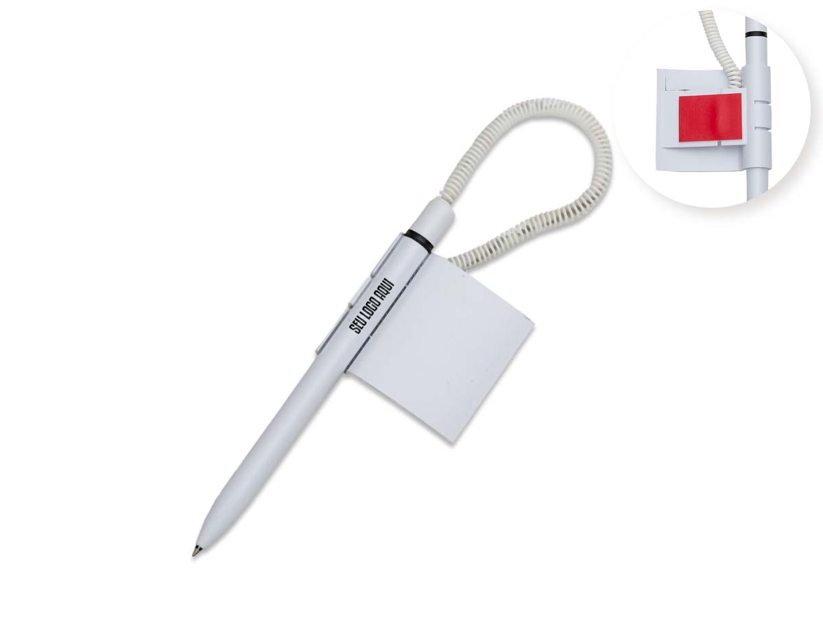 Caneta de balcão fabricada em plástico, acompanhada de suporte fixo e adesivo autocolante para melhor aderência a superfícies. Possui carga esferográfica na cor azul, proporcionando escrita suave e precisa. Ideal para uso em estabelecimentos comerciais, recepções e escritórios