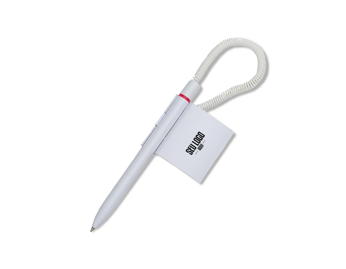 Caneta de balcão fabricada em plástico, acompanhada de suporte fixo e adesivo autocolante para melhor aderência a superfícies. Possui carga esferográfica na cor azul, proporcionando escrita suave e precisa. Ideal para uso em estabelecimentos comerciais, recepções e escritórios
