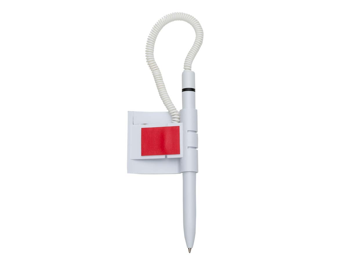 Caneta de balcão fabricada em plástico, acompanhada de suporte fixo e adesivo autocolante para melhor aderência a superfícies. Possui carga esferográfica na cor azul, proporcionando escrita suave e precisa. Ideal para uso em estabelecimentos comerciais, recepções e escritórios