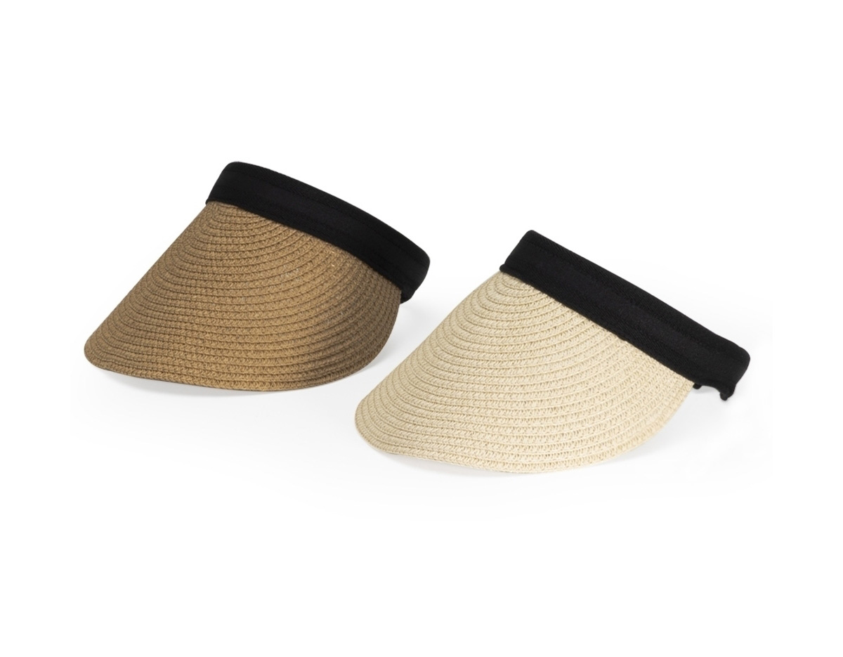 Viseira de palha elegante, com arco resistente revestido em poliéster, proporcionando conforto e estilo para qualquer ocasião.