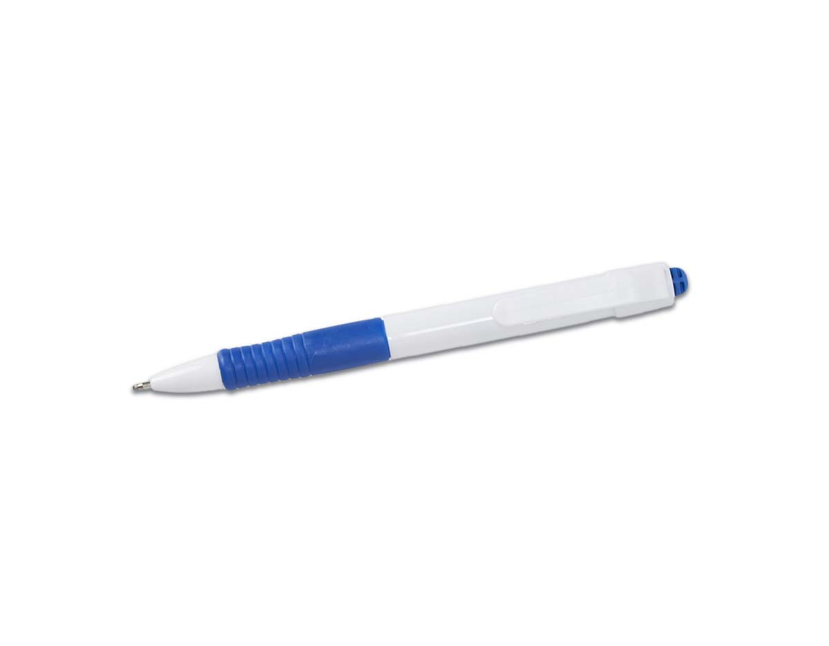 Caneta plástica com detalhes emborrachados, proporcionando maior conforto ao escrever. Possui carga esferográfica azul e acionamento por clique, sendo uma opção prática e eficiente para uso diário.