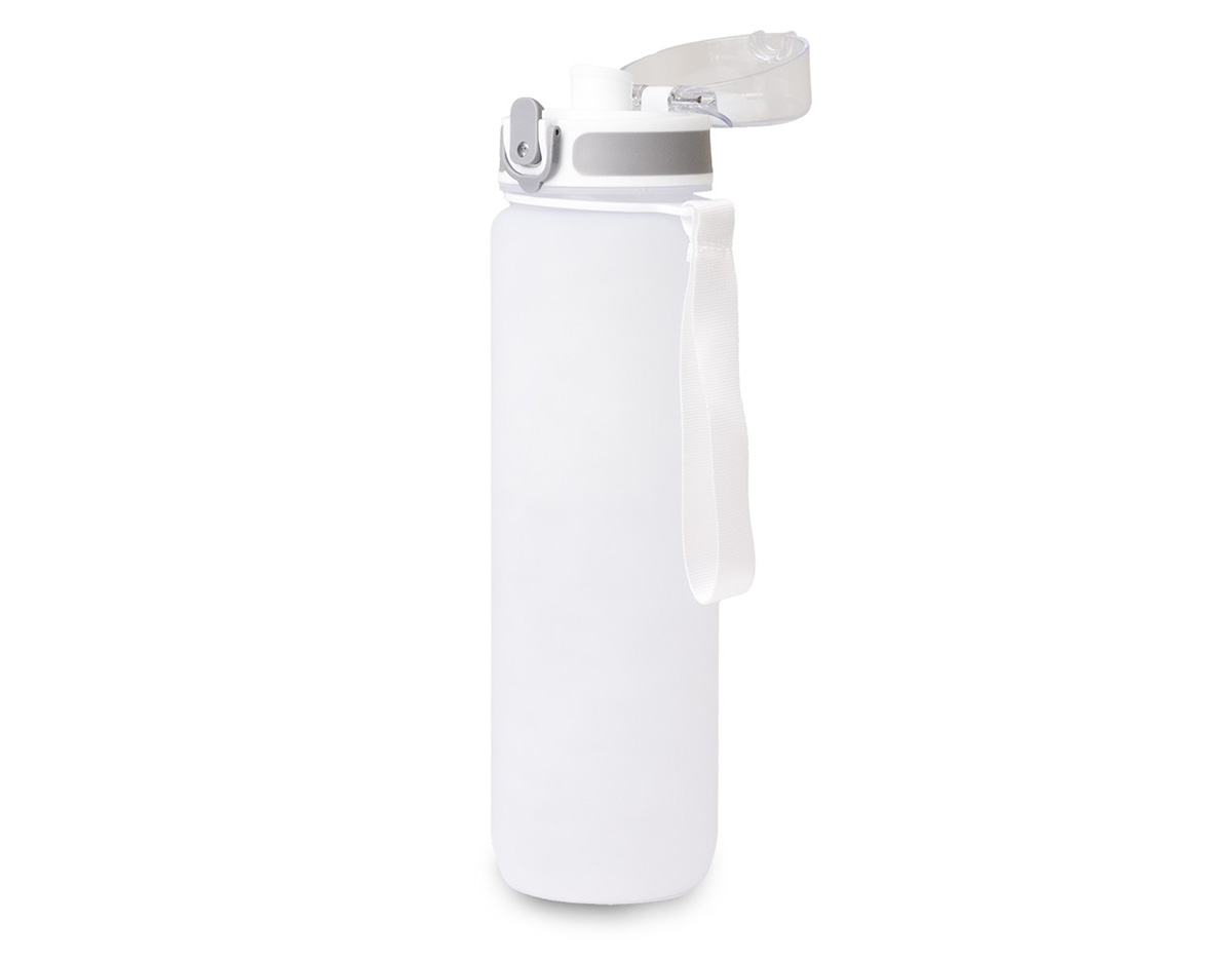Squeeze plástico com capacidade de 1 Litro, possui tampa rosqueável com botão de acionamento, trava de segurança e alça para transporte.