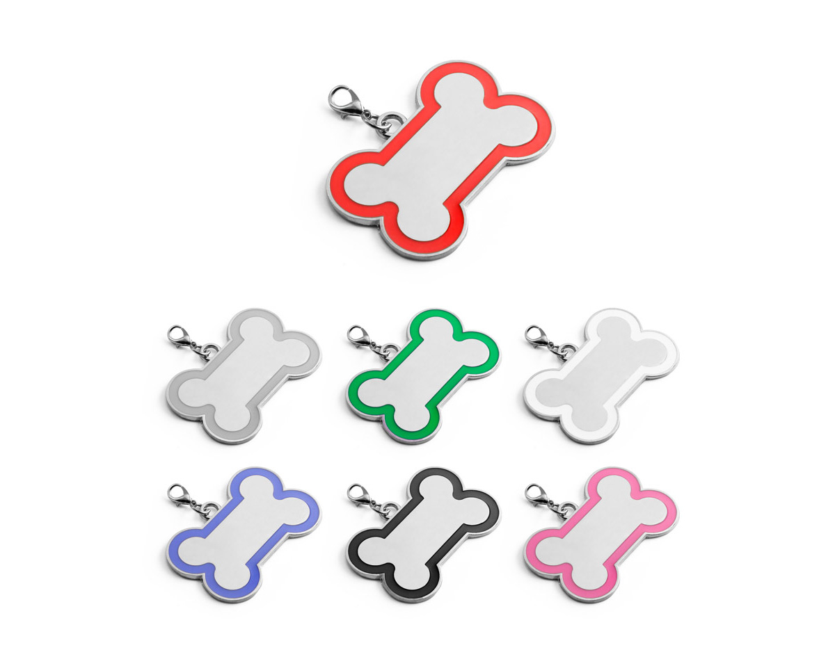 Este chaveiro em formato de osso é decorado com linha colorida ao redor, oferecendo um toque personalizado. É uma opção prática e charmosa para identificar o seu animal de estimação, além de ser fácil de prender à coleira, garantindo mais segurança e estilo para o dia a dia do seu pet.
