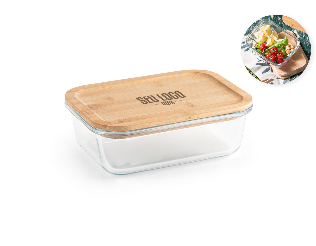Marmita em vidro borossilicato e tampa em bambu com vedante em silicone. Apto para o micro-ondas e máquina de lavar, retirando a tampa. Capacidade até 1 L. Fornecida em caixa presente de papel kraft reciclado. Certificação EU Food Grade