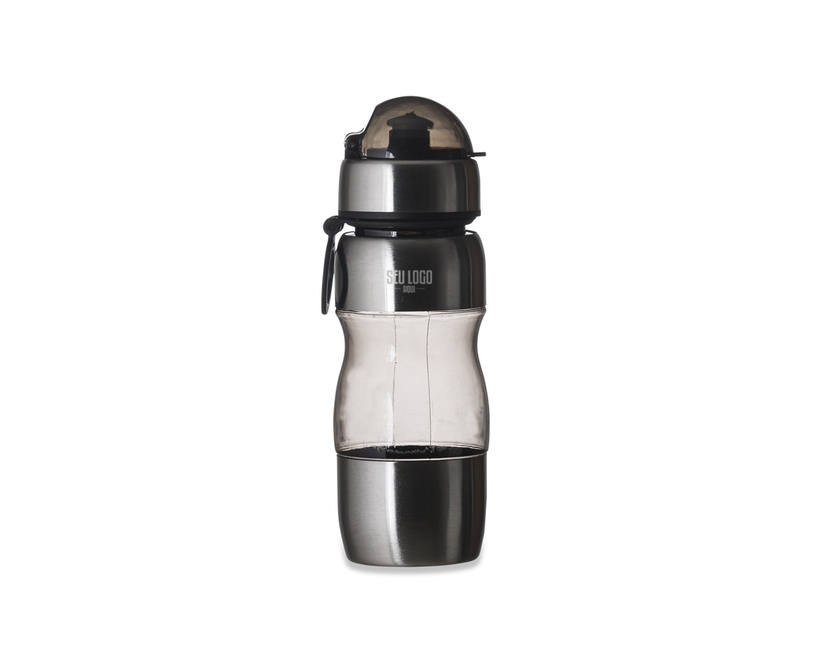 Squeeze de alumínio 450ml com alça plástica e detalhes coloridos. Possui tampa de bico e tampa protetora de plástico resistente.