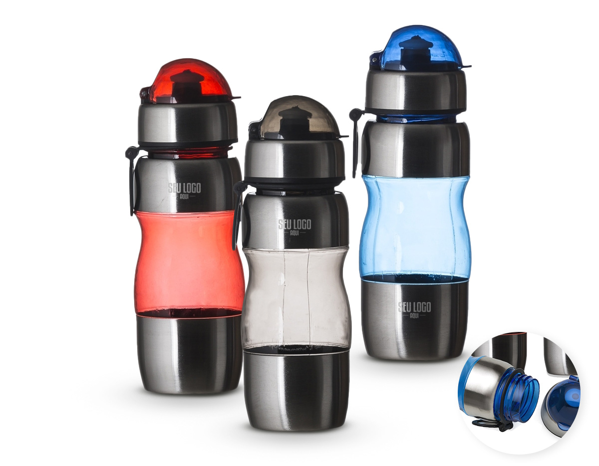 Squeeze de alumínio 450ml com alça plástica e detalhes coloridos. Possui tampa de bico e tampa protetora de plástico resistente.
