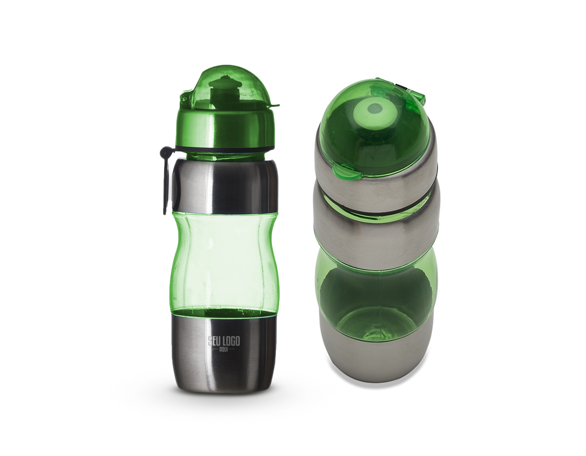 Squeeze de alumínio 450ml com alça plástica e detalhes coloridos. Possui tampa de bico e tampa protetora de plástico resistente.